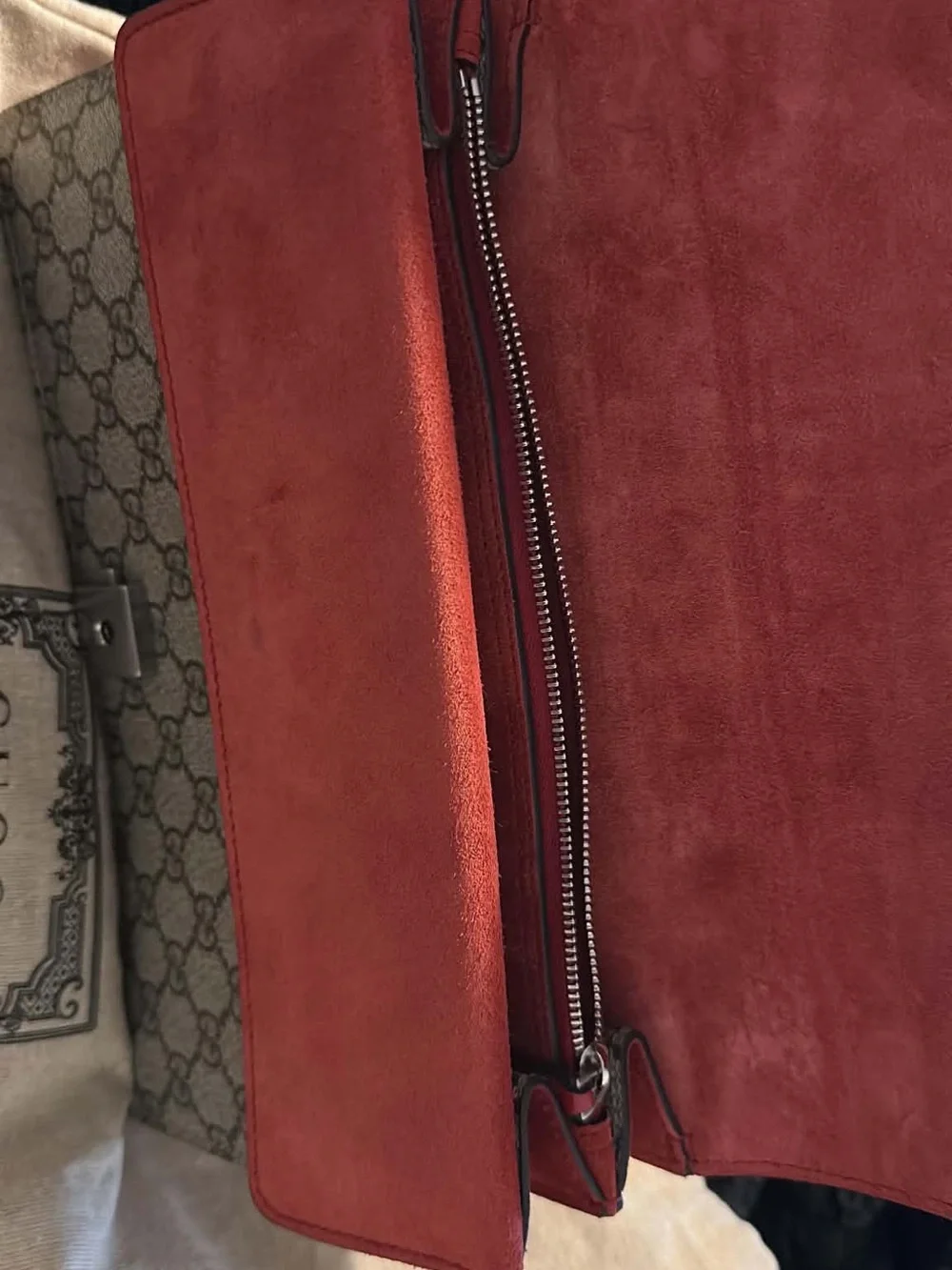 Gucci Dionysus GG Supreme Shoulder Bag in Beige and Red Suede
